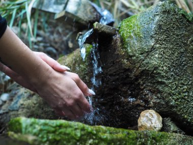 İnsan eli ve taze, soğuk su dağın kanyonda bahar
