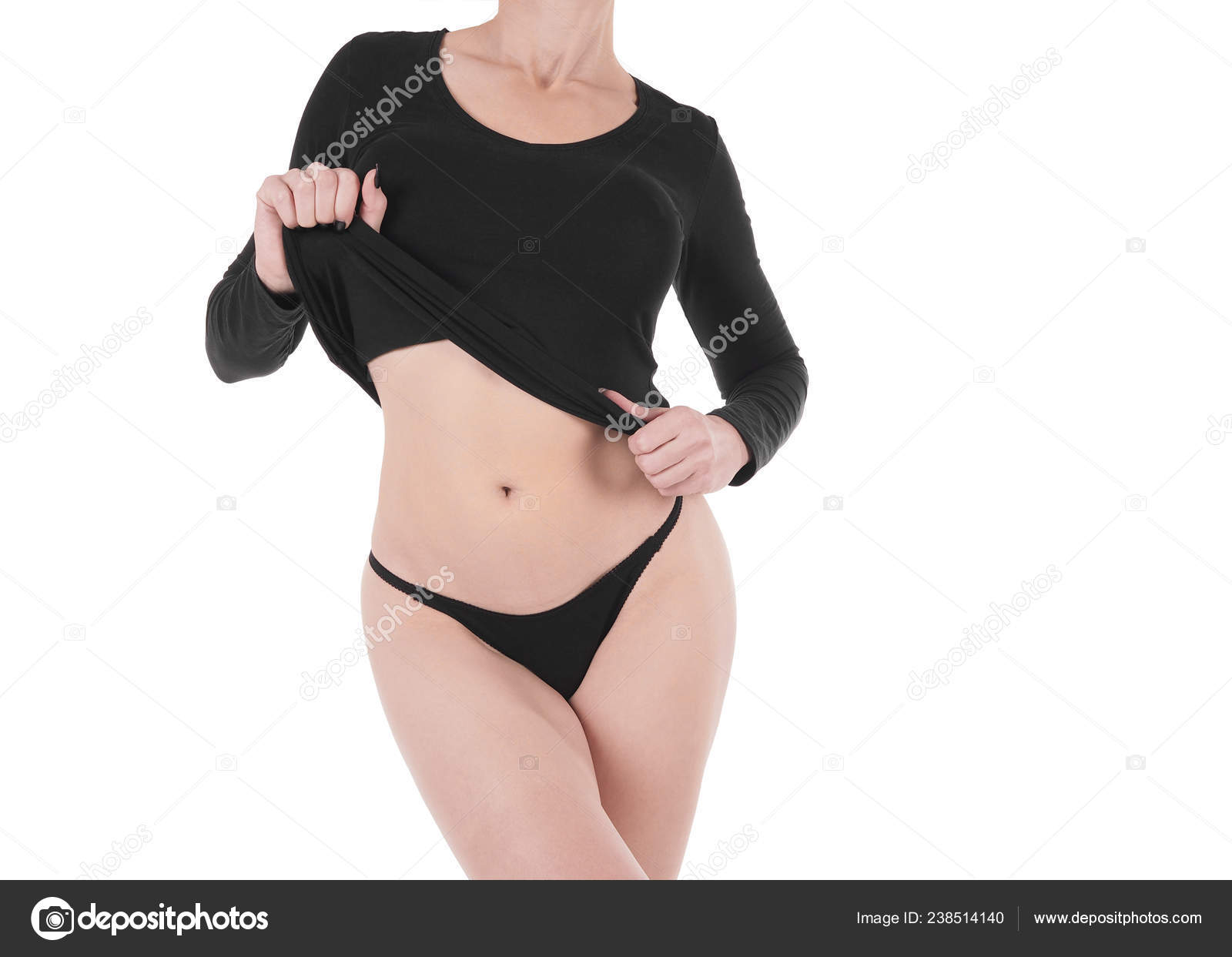 Female beautiful cropped body in base long sleeve black t-shirt and panties,  isolated on white Stock Photo by ©n.k.junky 238514140