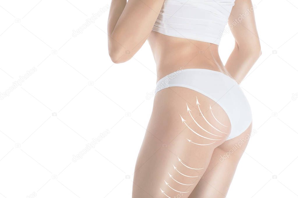 Female attractive body and butt in base underwear. Lifting marking with arrows in womans buttocks and hips, isolated on white.