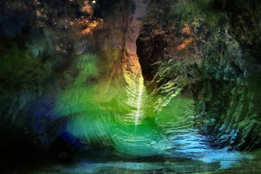 Gizemli renk gorge bir dere içinde yeraltı lak düşen su, ışık