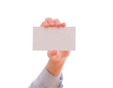 Child's hand showing an empty business card, isolated on white