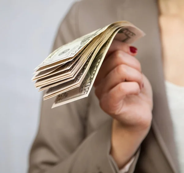 Unrecognizable Businesswoman Holding Dollars Neutral Background — Stock Photo, Image