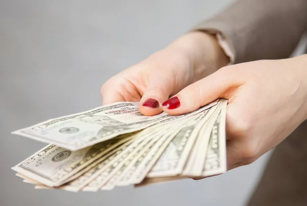 Unrecognizable Businesswoman Holding Dollars Neutral Background — Stock Photo, Image