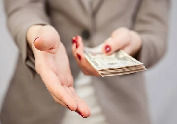 Unrecognizable Businesswoman Holding Dollars Neutral Background — Stock Photo, Image