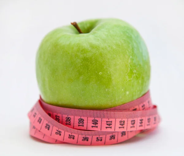 Green Apple Red Tape Measure — Stock Photo, Image