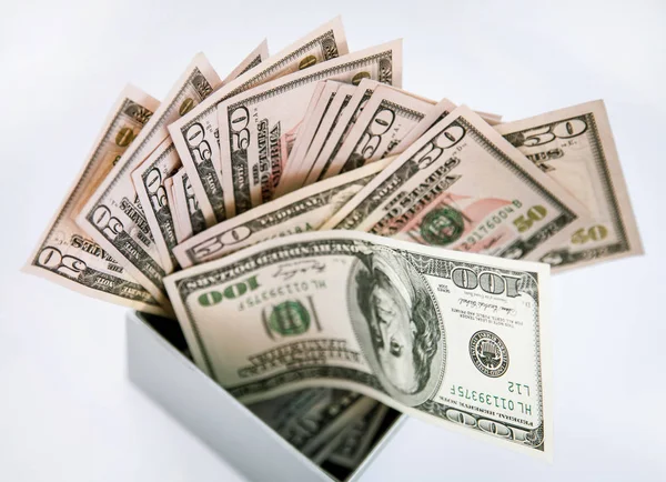 Gri Bir Kutu Closeup Çekim Içinde Birçok Dolar Banknotlar — Stok fotoğraf