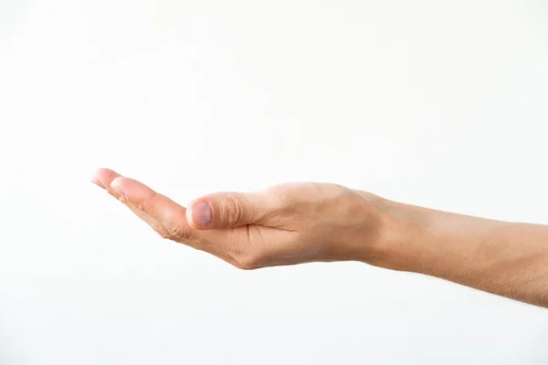 Weibliche Hand Auf Weißem Hintergrund Geste Des Angebots Oder Der — Stockfoto