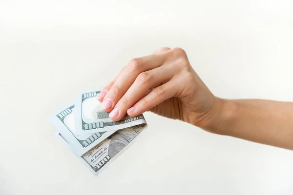Woman Hand Holding Two Hundreds Dollars Neutral Background — Stock Photo, Image