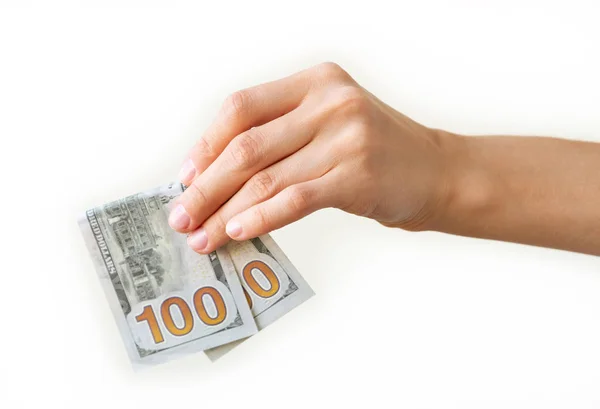 Vrouw Hand Houdt Twee Honderden Dollars Neutrale Achtergrond — Stockfoto