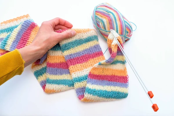 Female Hand Holds Hand Knitted Colorful Scarf White Background — Stock Photo, Image
