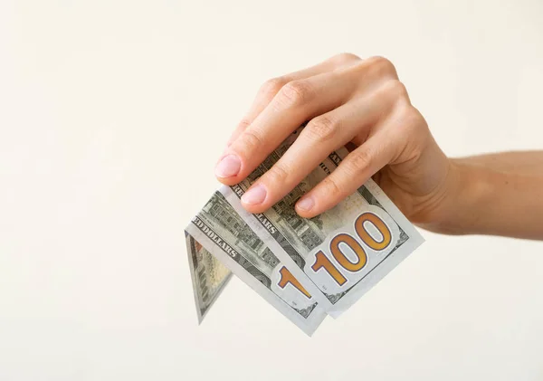 Vrouw Hand Houdt Twee Honderden Dollars Neutrale Achtergrond — Stockfoto