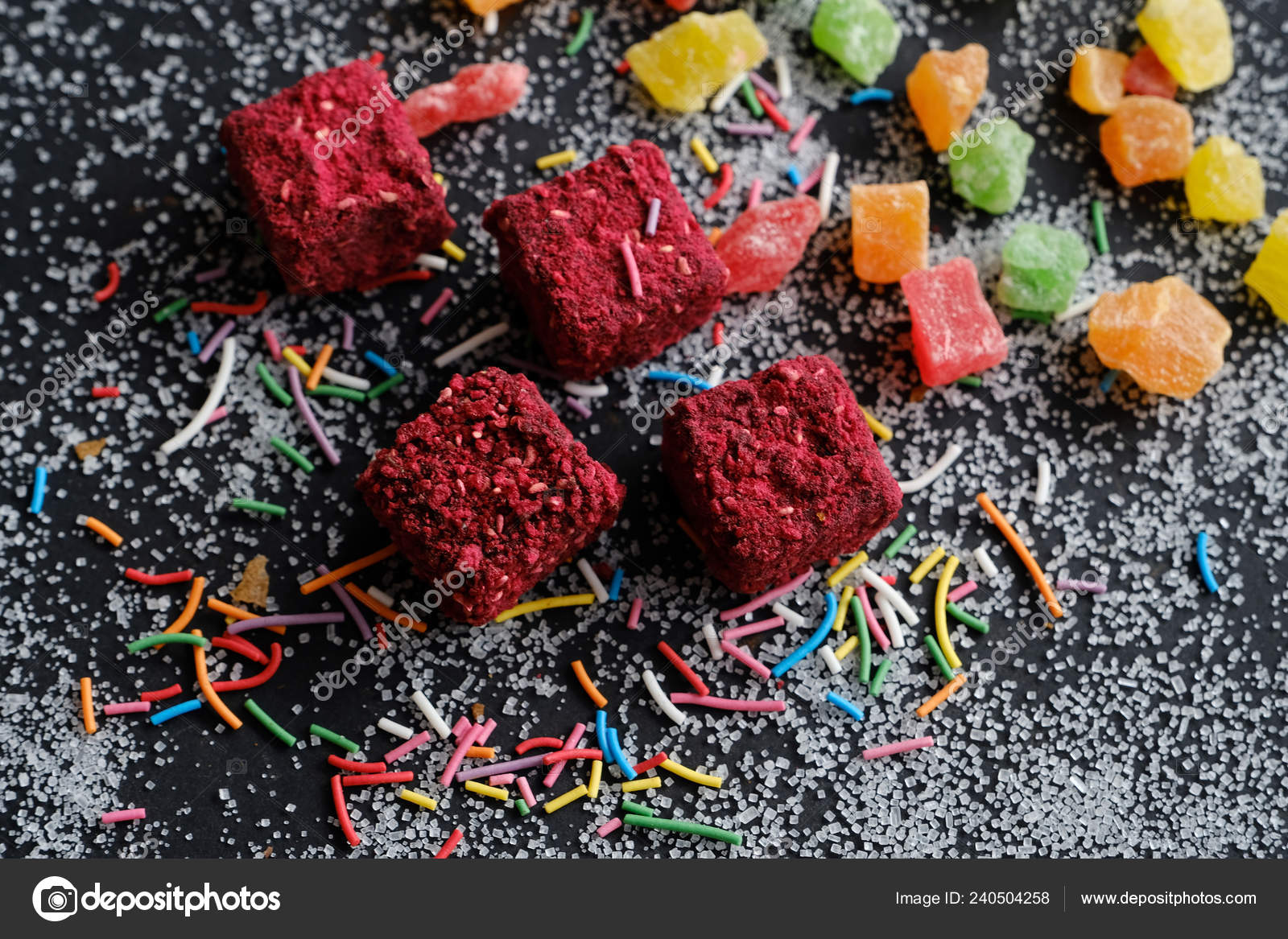 Appetizing Sweets Sugarly Black Background Stock Photo by