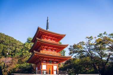 Kyoto, Japonya-19 Kasım 2018: Kiyomizu dera Tapınağı 'ndaki güzel kırmızı Pagoda