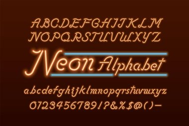 Parlak neon ışık yazı tipi ve alfabe