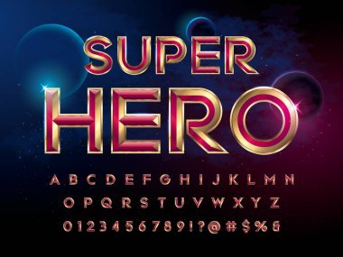 Süper kahraman yazı. Evren arka planında metalik efekt harfleri ve numaraları.