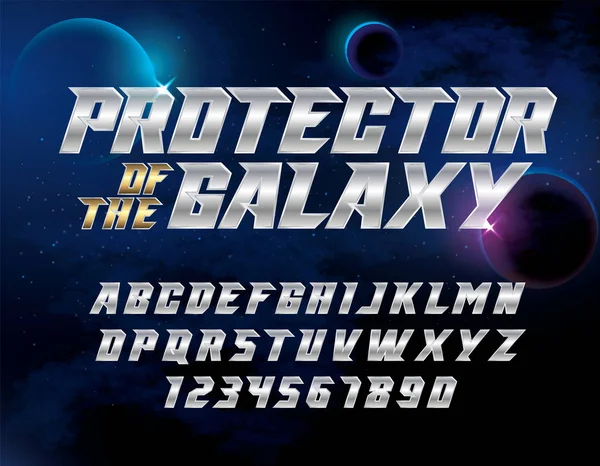 Süper kahraman yazı. Evren arka planında metalik efekt harfleri ve numaraları.
