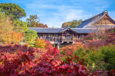 Kyoto, Japonya-21 Kasım 2018: Engetsukyo Köprüsü 'nün diğer tarafındaki başka bir manzara, muhteşem renkli sonbahar keyfini çıkarmak için Tofukuji tapınağında sahne bırakır