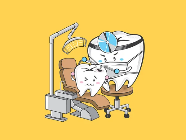 かわいい漫画の歯の歯科医は 空洞の問題で歯をチェック — ストックベクタ