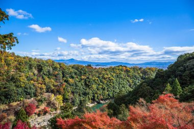 Arashiyama sonbahar sezonunda dağda akçaağaç orman renkli, Kyoto, Japonya. Hozu Nehri üzerinde, Senkoji tapınağında gözlem bakış açısından.