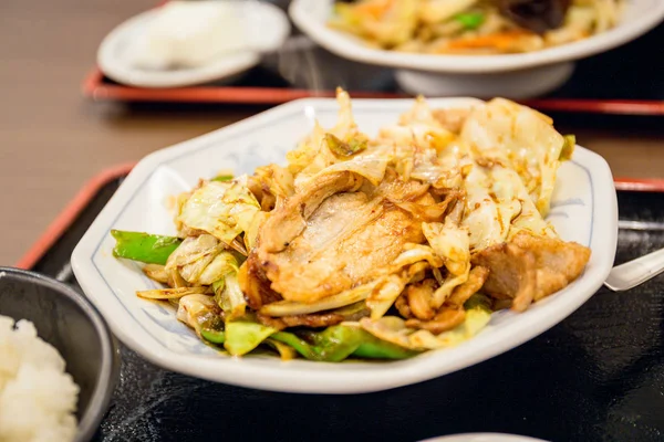 Chinese Style Stir Fried Pork Cabbage Rice Set Served Japanese — Stock Photo, Image