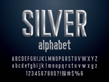 Büyük harf, küçük harf, sayı ve semboller ile keski tarzı gümüş alfabe tasarımı