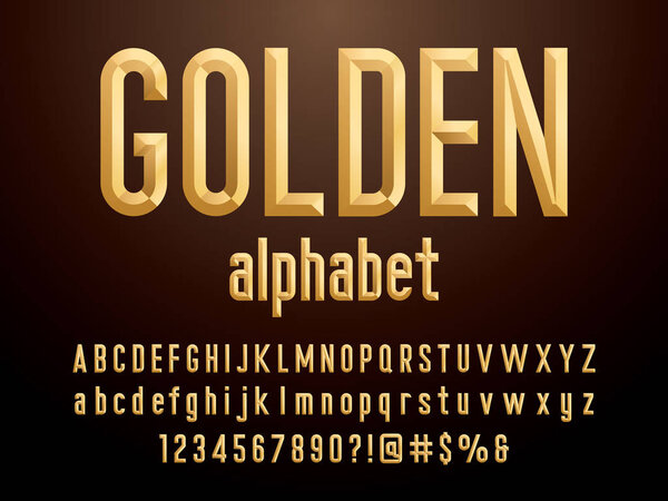 Chisel style golden alphabet design with uppercase, lowercase, number and symbols