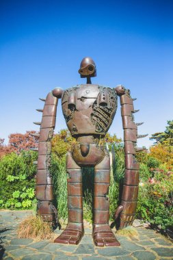 Tokyo, Japan - November 30, 2018: The Robot statue on an open garden space rooftop at Ghibli museum from the Studio Ghibli animation 'Laputa: Castle in the Sky'.