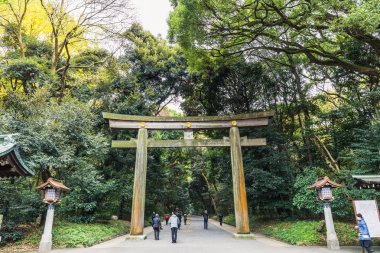 Tokyo, Japonya-2 Aralık 2018: Meiji Jingu Tapınağına giden büyük ahşap Torii Kapısı