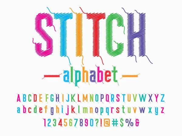 Gesticktes Alphabet Design Mit Garn Stickbuchstaben Mit Großbuchstaben Kleinbuchstaben Zahlen — Stockvektor