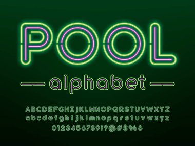 Büyük, küçük, sayılı ve sembollü parlak neon ışıklı alfabe tasarımı