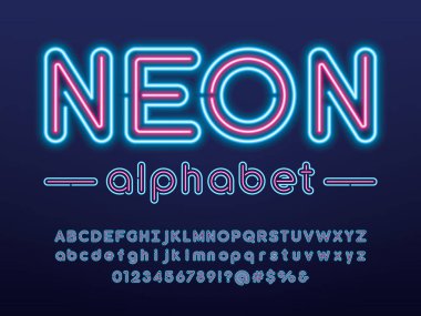 Büyük, küçük, sayılı ve sembollü parlak neon ışıklı alfabe tasarımı