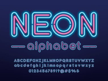 Glowing neon light alphabet design with uppercase, lowercase, numbers and symbol clipart