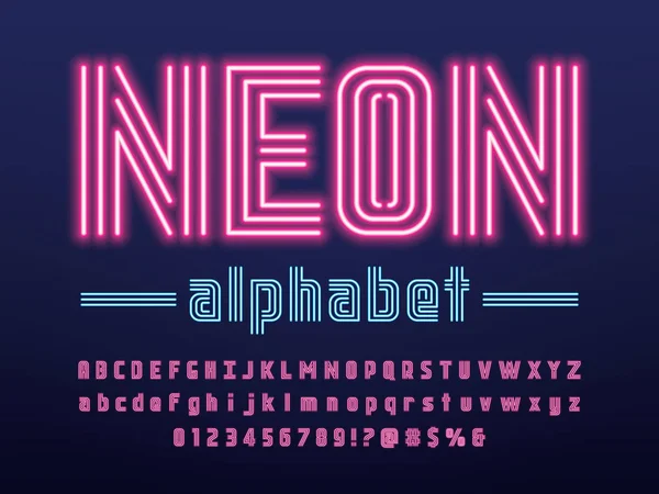 Lumineux Néon Conception Alphabet Lumineux Avec Majuscules Minuscules Chiffres Symbole — Image vectorielle