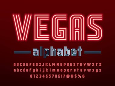 Büyük, küçük, sayılı ve sembollü parlak neon ışıklı alfabe tasarımı
