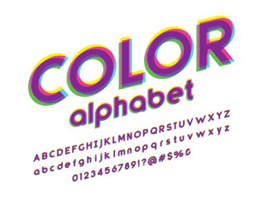 Büyük harf, küçük harf, sayılar ve semboller ile Overprint Renkler alfabe tasarımı