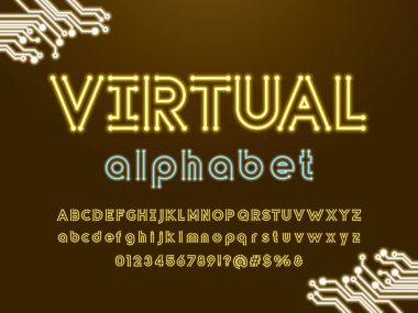 Devre kartı neon ışık alfabesi tasarımı vektörü