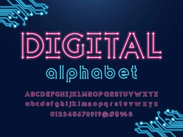 Vector Circuit Board Neon Light Alphabet Design — Stock Vector