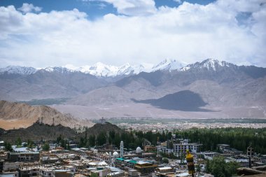 Leh Sarayı, Ladakh, Hindistan 'ın tepesinden Leh kasabası manzarası