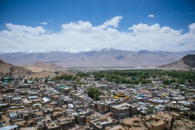 Leh Sarayı, Ladakh, Hindistan 'ın tepesinden Leh kasabası manzarası