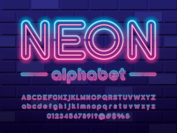 Zářící Neonová Světlá Abeceda Velkými Písmeny Malými Písmeny Čísly Symbolem — Stockový vektor
