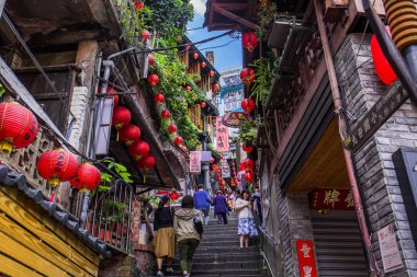 Jiufen, Tayvan - 6 Haziran 2018: Jiufen Old street, Ruifang District, New Taipei City, Tayvan'da ünlü bir manzaradır..