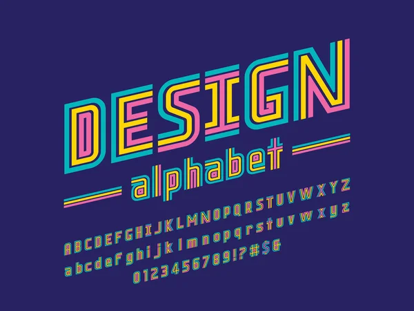 Retro Stijl Kleurrijke Alfabet Ontwerp Met Hoofdletters Kleine Letters Cijfers — Stockvector