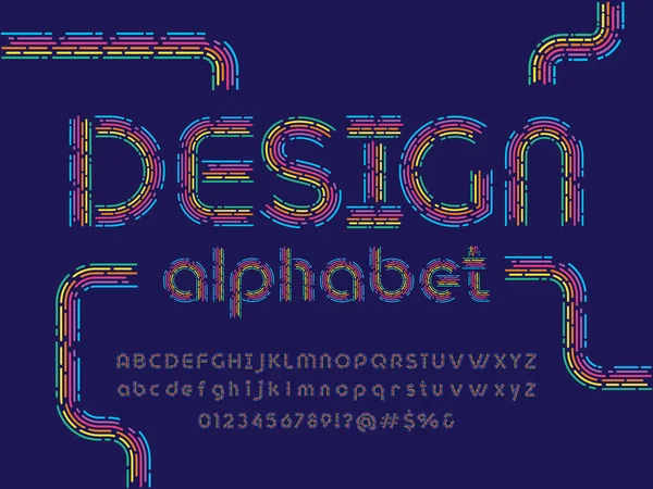 Design Alphabet Style Ligne Coloré Avec Majuscules Minuscules Chiffres Symboles — Image vectorielle