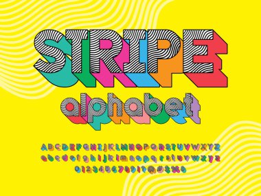 Büyük harf, küçük harf, sayılar ve sembollü çizgili retro tarzı alfabe tasarımı