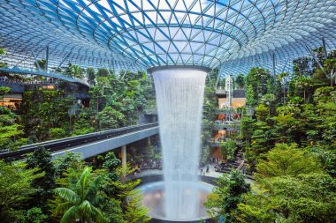 Singapur - 24 Temmuz 2019: Dünyanın en uzun kapalı şelalesi, Jewel Changi Havalimanı, Singapur 'da teraslı bir orman ile çevrili Yağmur Girdabı.
