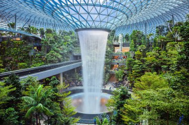 Singapur - 24 Temmuz 2019: Dünyanın en uzun kapalı şelalesi, Jewel Changi Havalimanı, Singapur 'da teraslı bir orman ile çevrili Yağmur Girdabı.