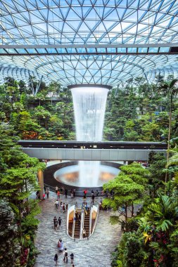 Singapur - 24 Temmuz 2019: Dünyanın en uzun kapalı şelalesi, Jewel Changi Havalimanı, Singapur 'da teraslı bir orman ile çevrili Yağmur Girdabı.