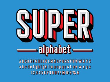 Büyük harfli, küçük harfli, sayılar ve sembollerile süper kahraman çizgi roman tarzı vektör yazı tipi