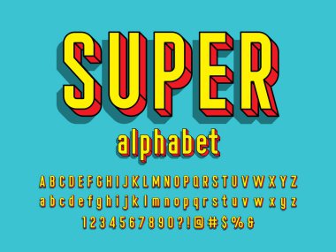 Büyük harfli, küçük harfli, sayılar ve sembollerile süper kahraman çizgi roman tarzı vektör yazı tipi