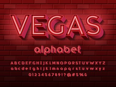 Büyük, küçük, sayılı ve sembollü neon ışıklı 3D alfabe tasarımı
